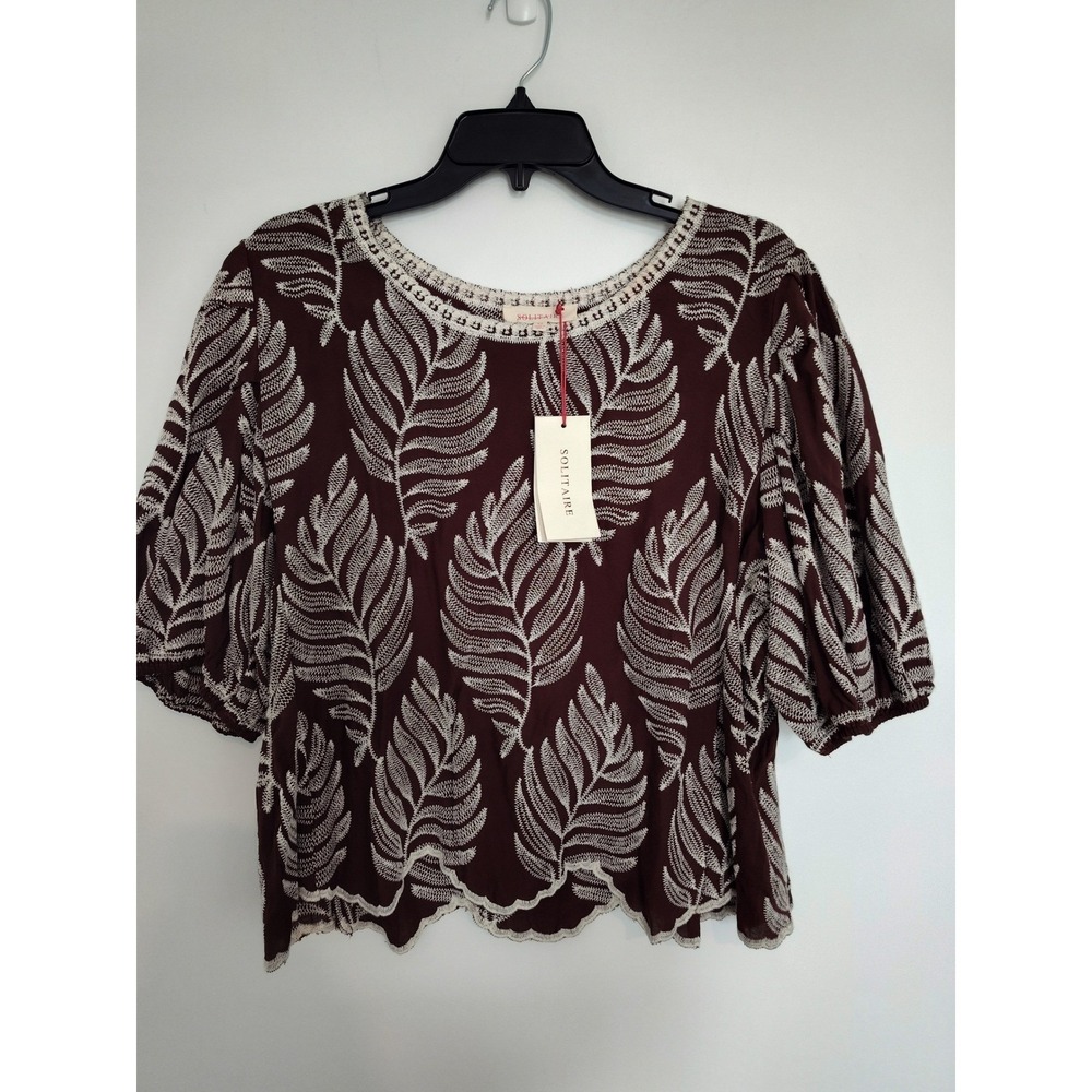 Solitaire Embroidered Leaf Puff Sleeve Blouse Brown XL NWT 23-700
